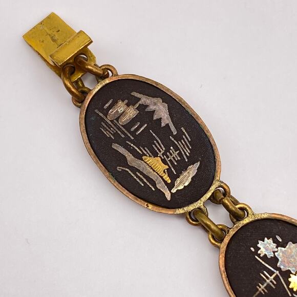 Signed JAPAN Bracelet Vge Japanese Damascene Nature Scenes 1950s Black Gold Tone - Picture 5 of 16